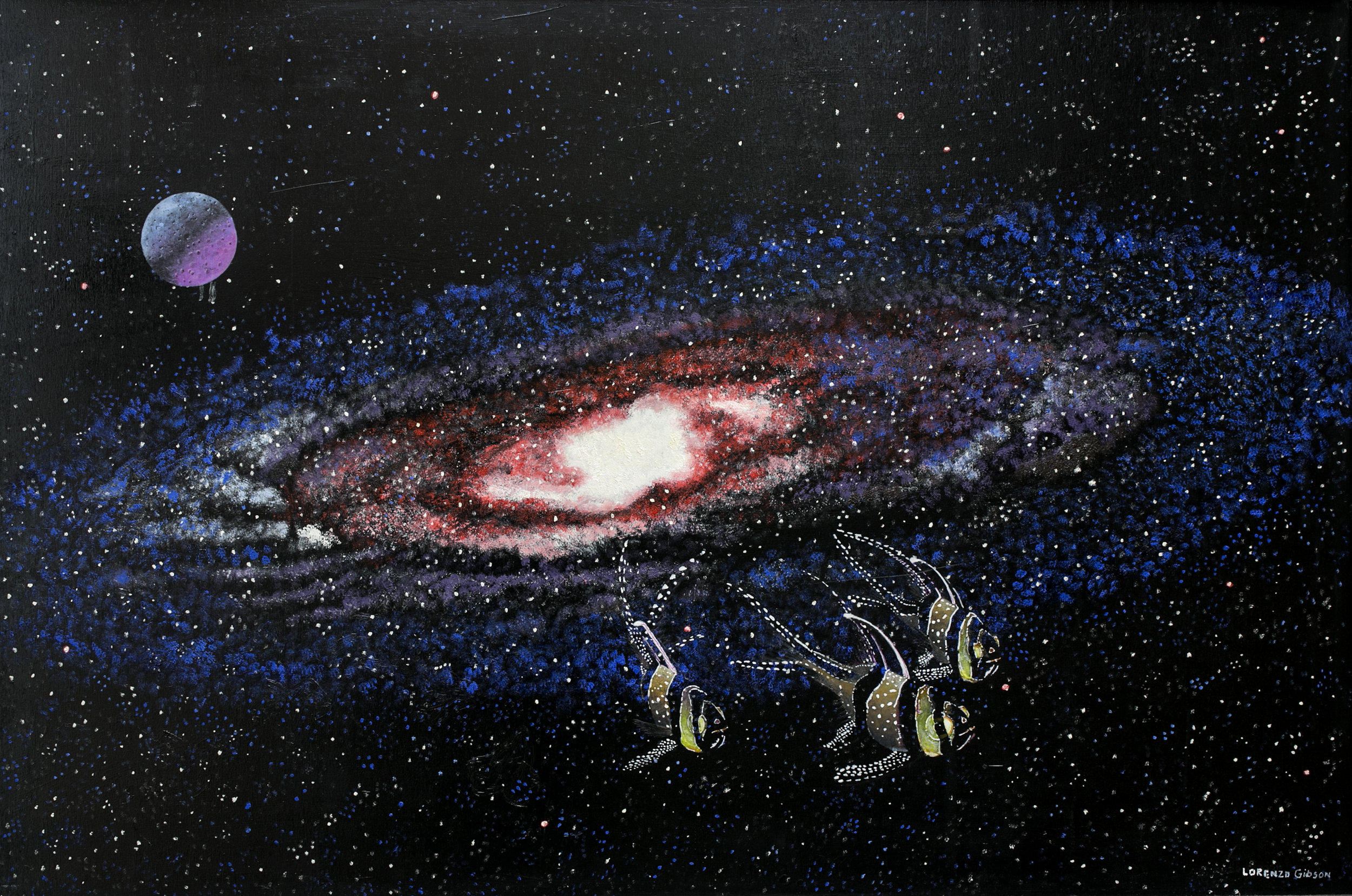 painting by lorenzo a galaxy and moon with fish emerging made of stars